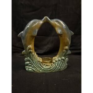 Double Dolphin Ceramic Tea Light Holder Kissing Dolphins or Fish tank Decor